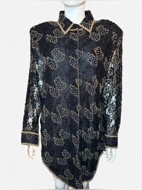 Black and Gold Lace Long Sleeve Blouse
